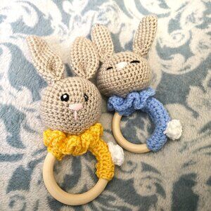 2 Brand New Handmade  Rabbit Teether/ Rattles - Perfect for Easter or Baby Gift